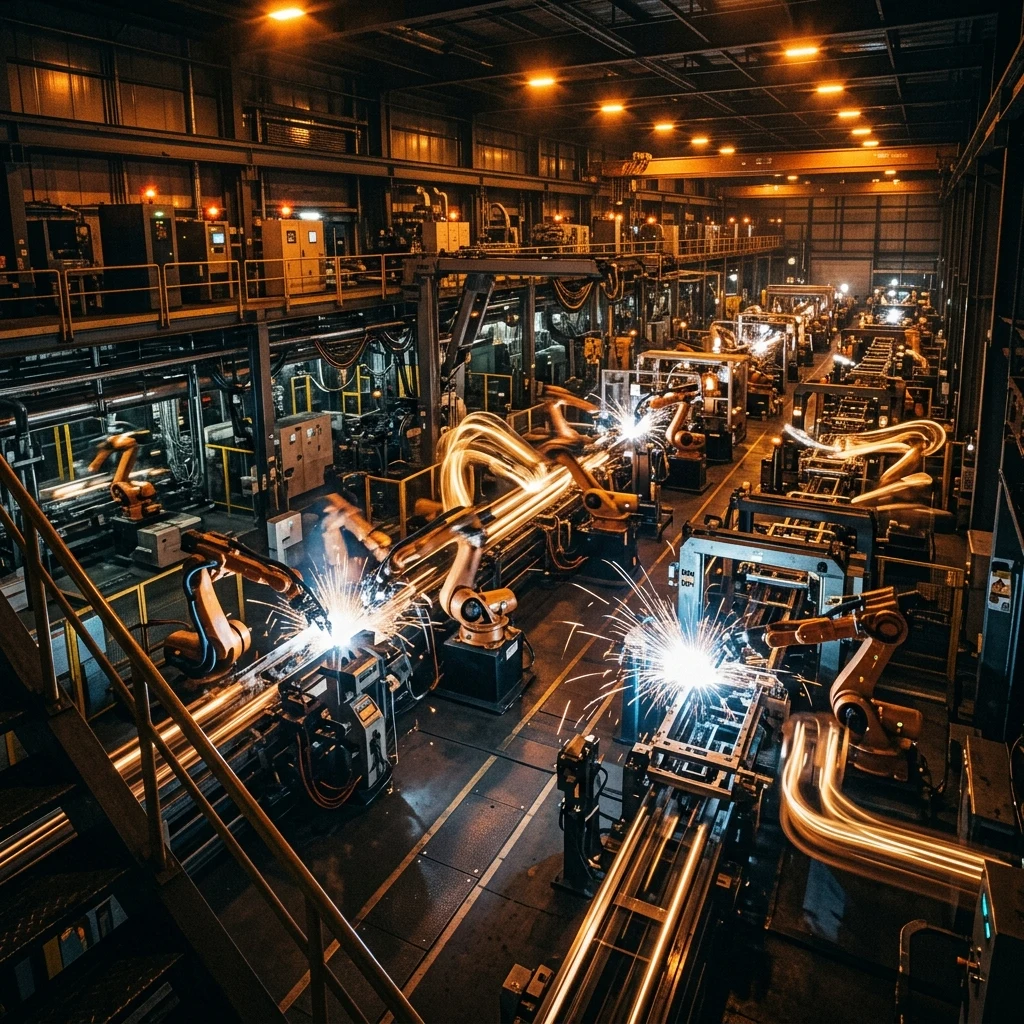 A fully automated factory floor with no humans present