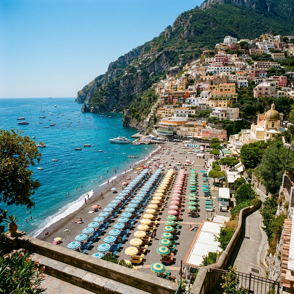 A sea of striped beach umbrellas on the pebbles of La Spiaggia di Positano on the Amalfi…