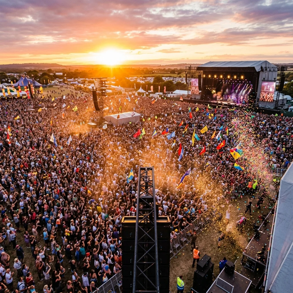A music festival crowd shot from the sound tower at sunset