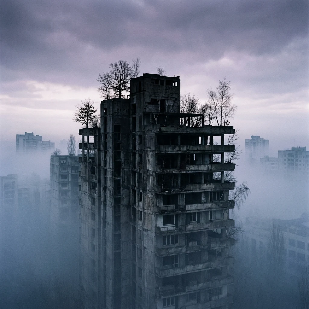 Tall concrete buildings emerging from morning fog