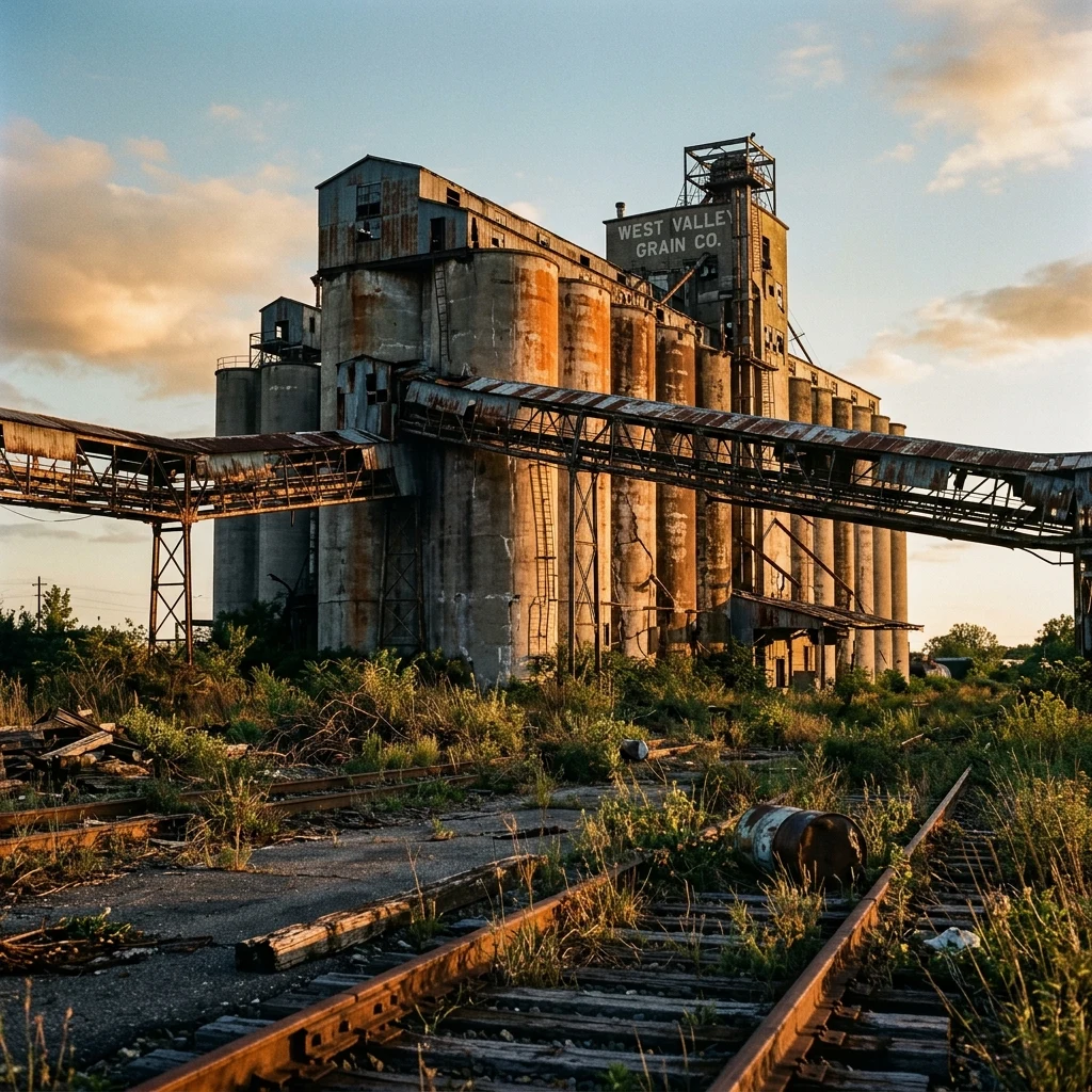 A rusted grain elevator complex rising eighty feet above an abandoned rail yard