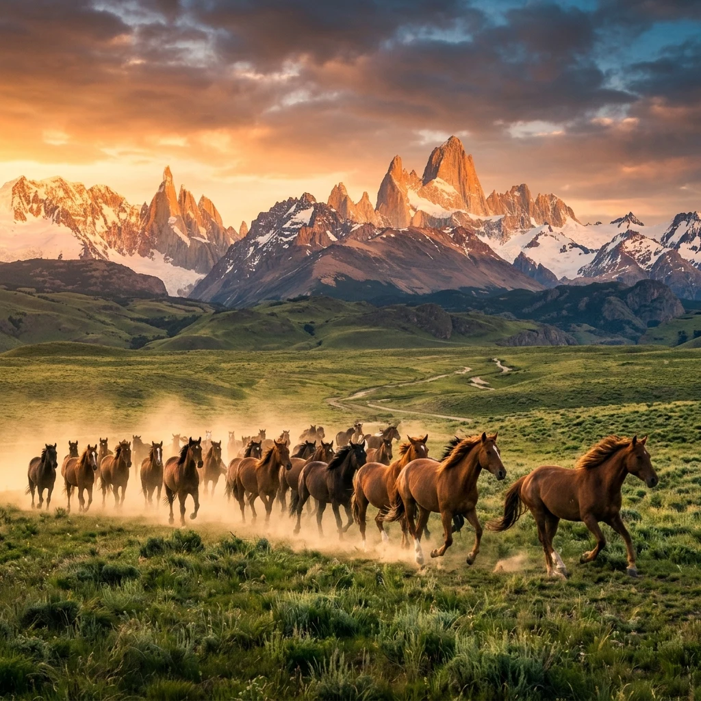 Panoramic photograph of the Tian Shan range at golden hour