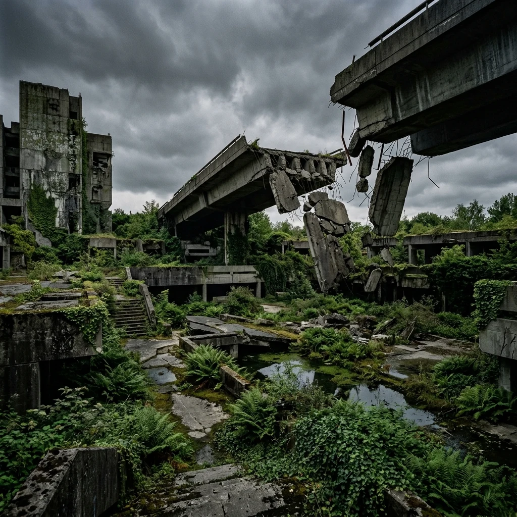 An overgrown brutalist city square in advanced urban decay