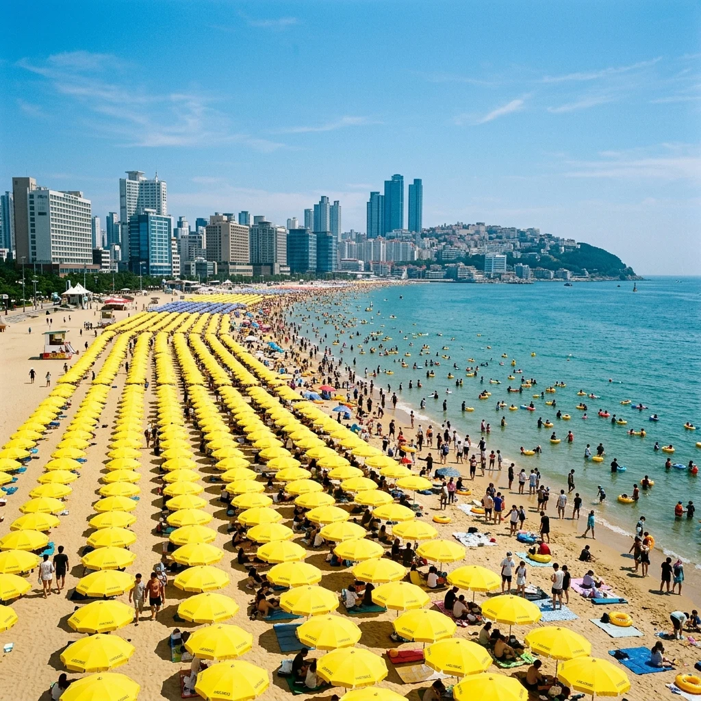 Yellow umbrellas lining a busy beach