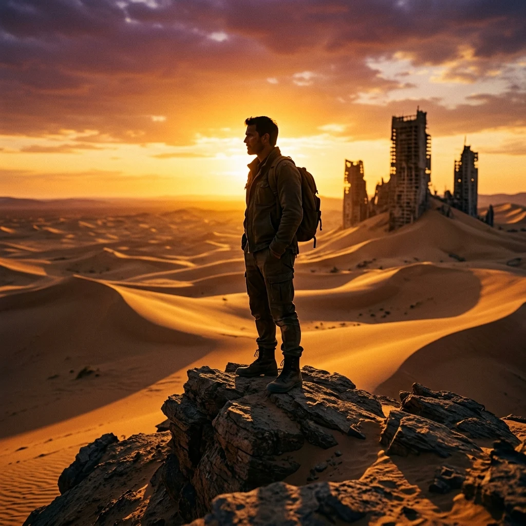 Lone figure watching the desert sunset