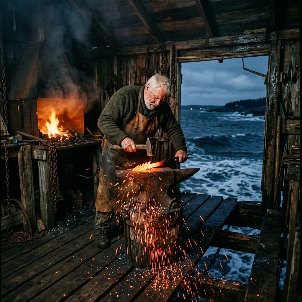 A coastal shanty blacksmith forging iron harpoons inside a shelter built on an old ferry…
