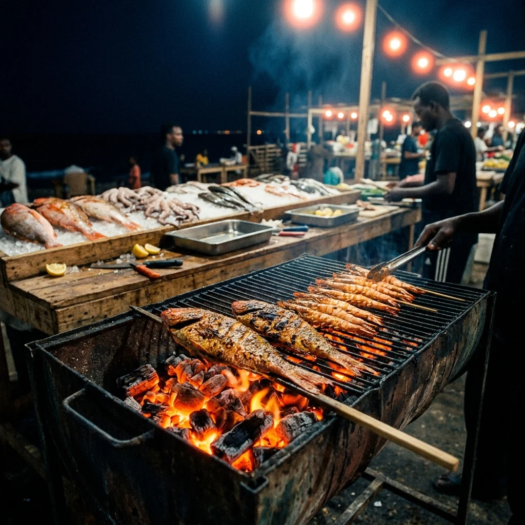 A night shot of a beachfront grilled-seafood stall in Djibouti