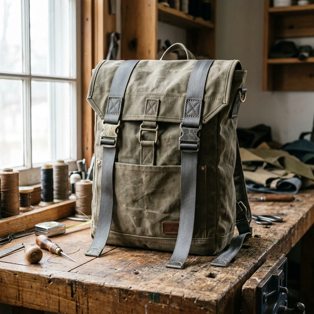 A backpack constructed from a heavy canvas mail bag