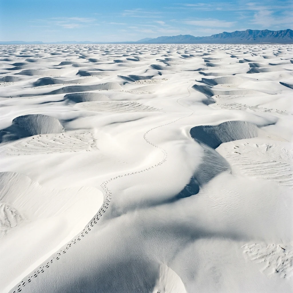 A high-angle drone shot over white gypsum sand dunes in White Sands