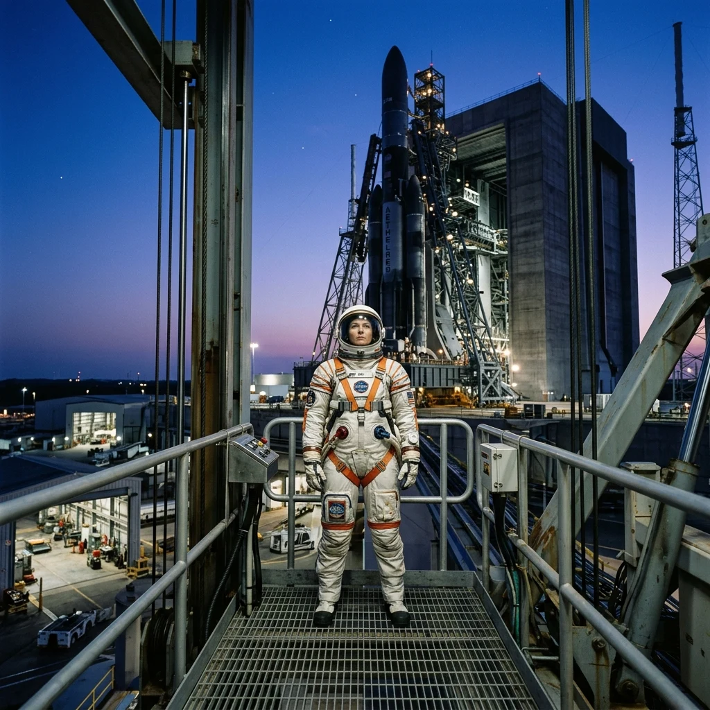 A orbital pilot wearing a white-and-orange pressurized g-suit with magnetic quick-release…