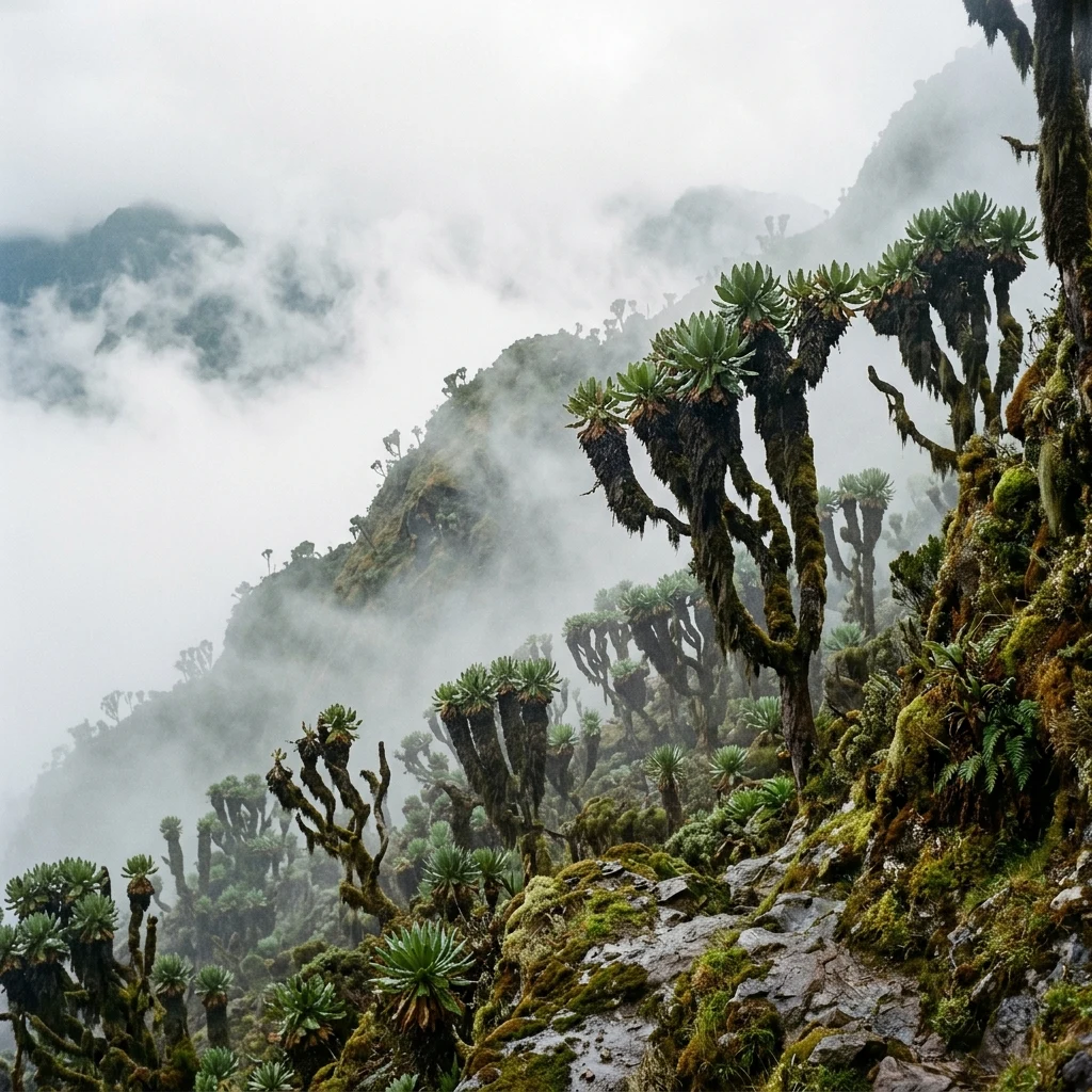 Giant trees emerging from a misty forest