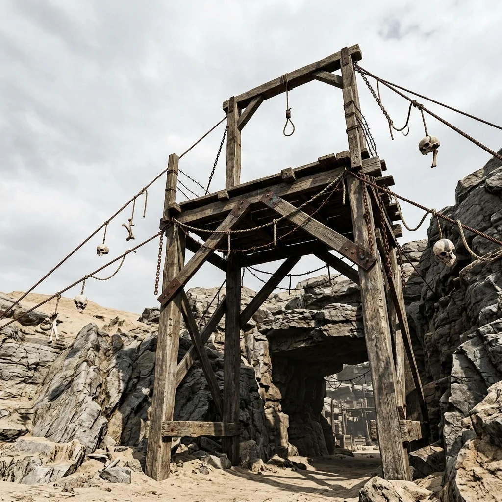 A makeshift gallows and watch platform erected over the entrance of a canyon hideout