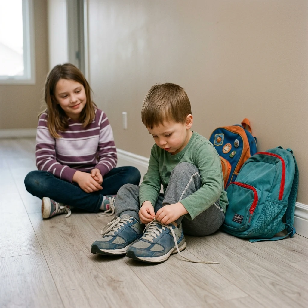 A four-year-old boy trying to tie his big sister's running shoes while she sits patiently…