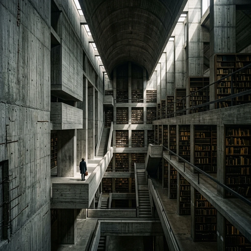 Person standing in a massive concrete library