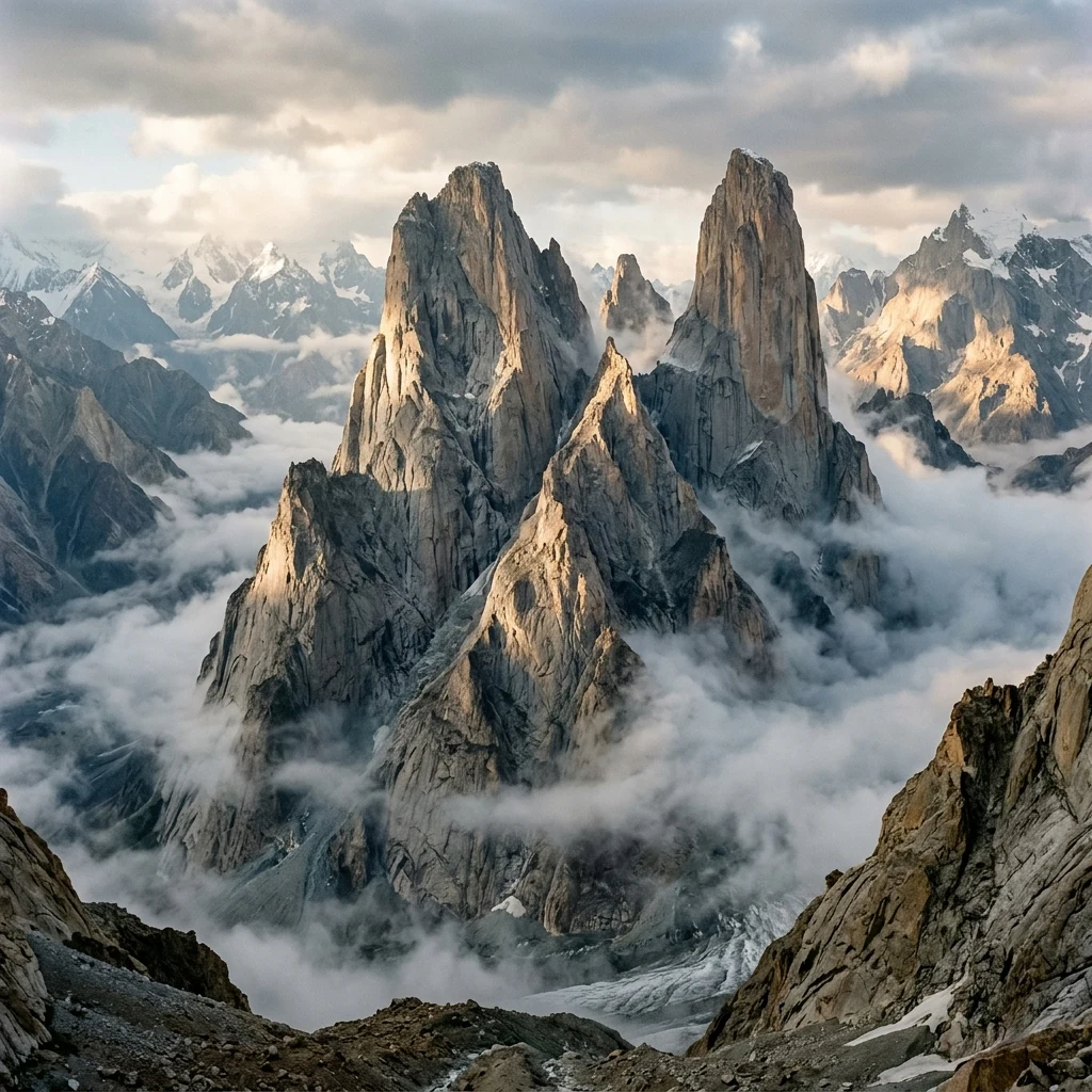 National Geographic style epic landscape shot of the sheer granite spires of the Trango…