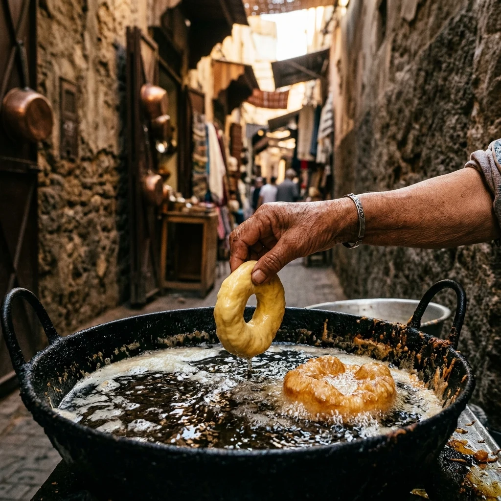 A sfenj vendor in a Marrakech souk dropping golden dough rings into a bubbling vat of oil
