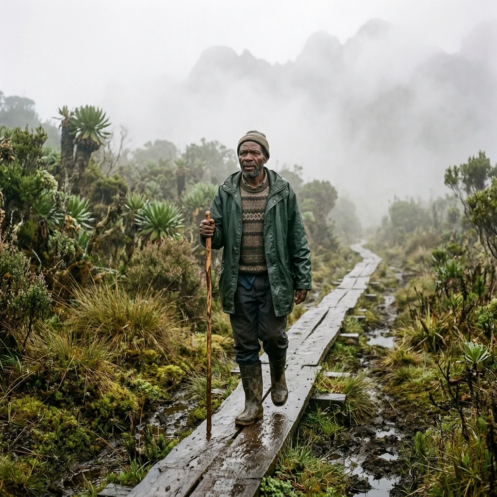 A local Bakonzo guide carrying a wooden walking stick along a muddy boardwalk trail…