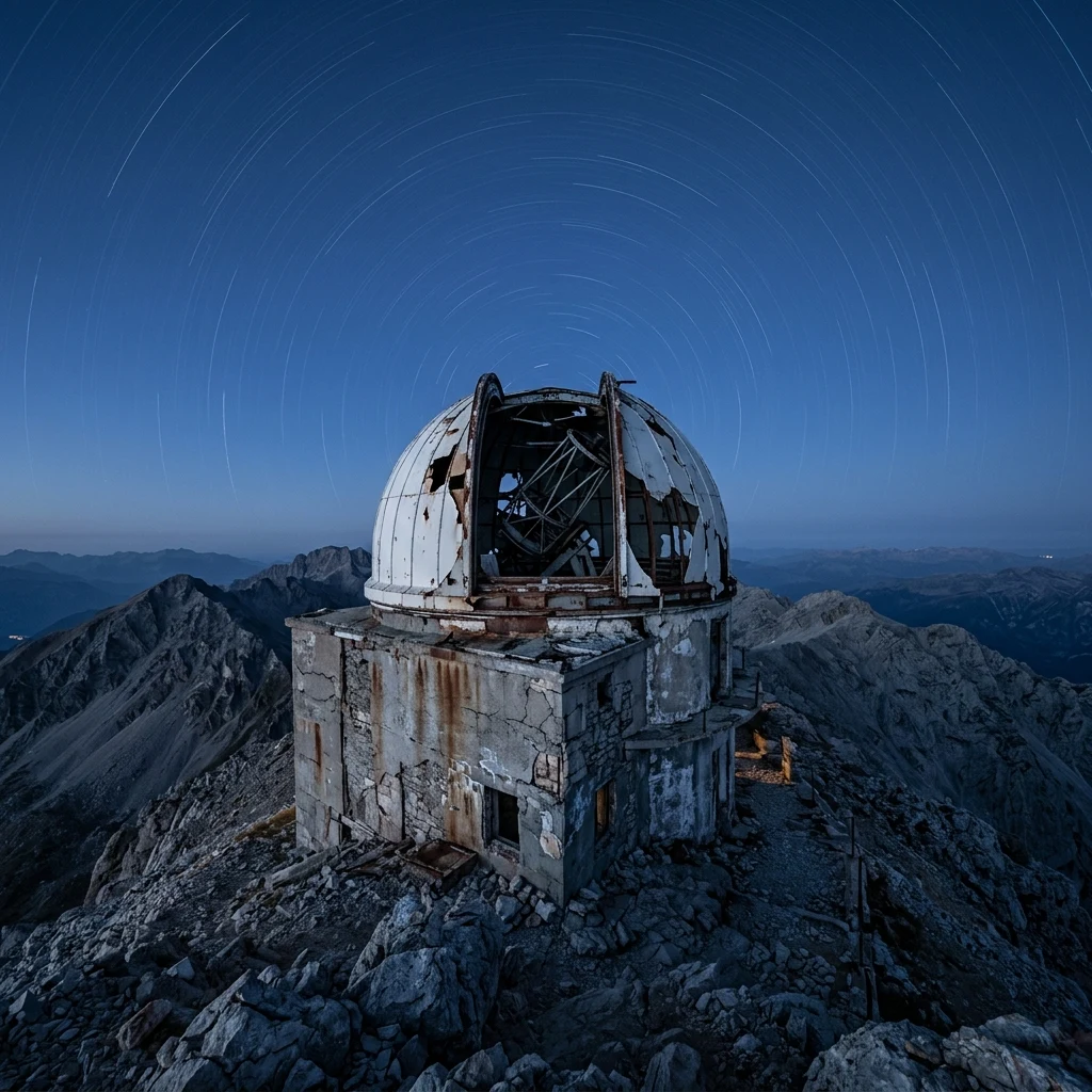 Abandoned mountain observatory under a starry sky