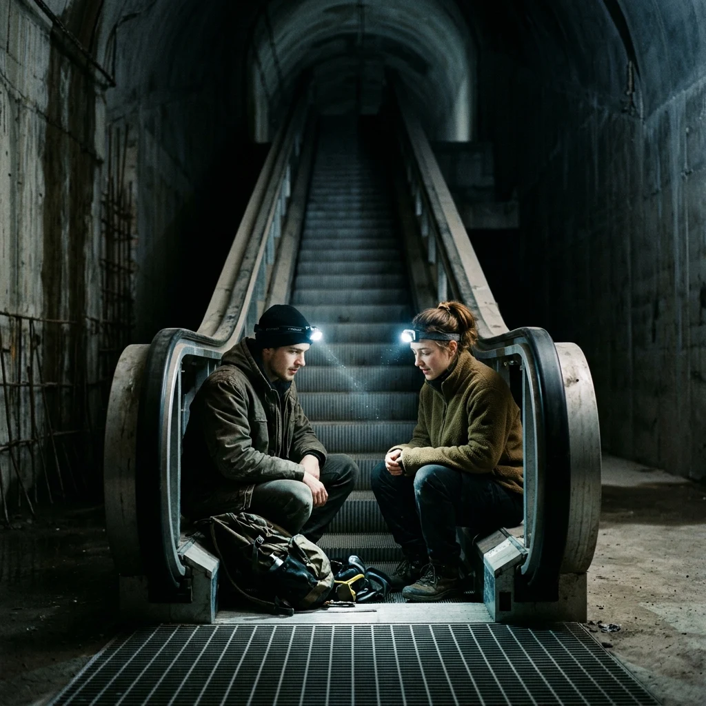 A young couple sitting on a stalled escalator inside an unfinished Metro station in…
