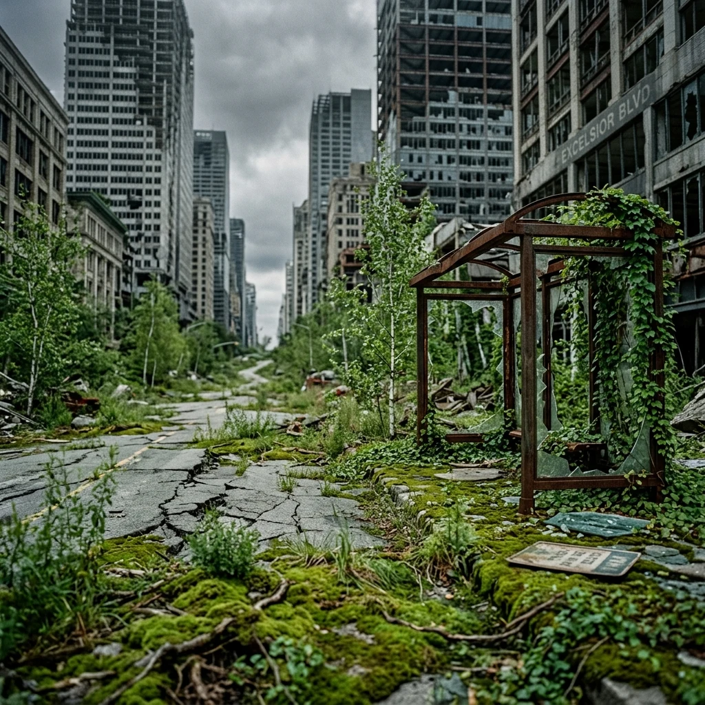 A decaying downtown boulevard where nature has reclaimed the asphalt
