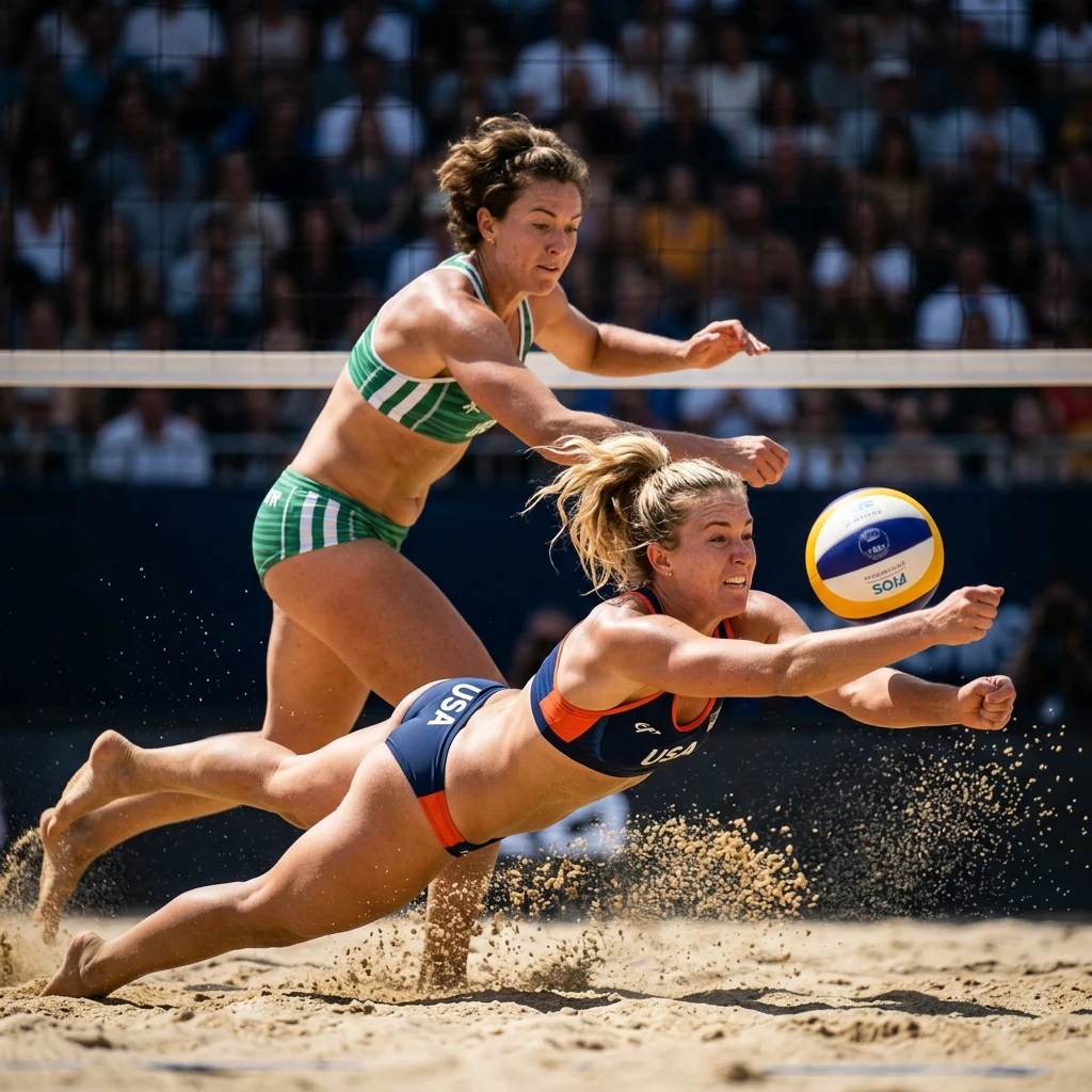 A women's beach volleyball rally