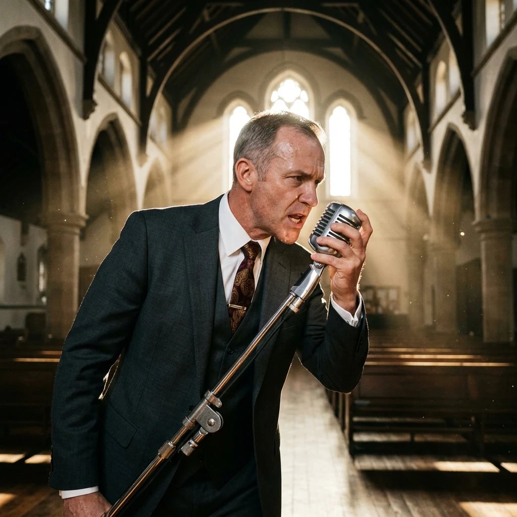 A 1950s radio evangelist in a sharp dark suit leaning heavily into an antique chrome…