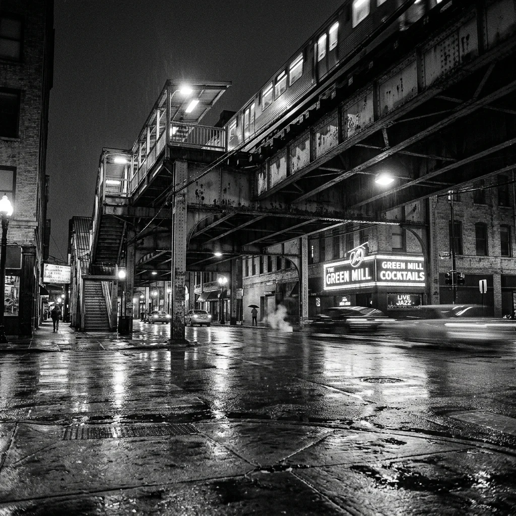 A rain-slicked street corner in Chicago under the El tracks