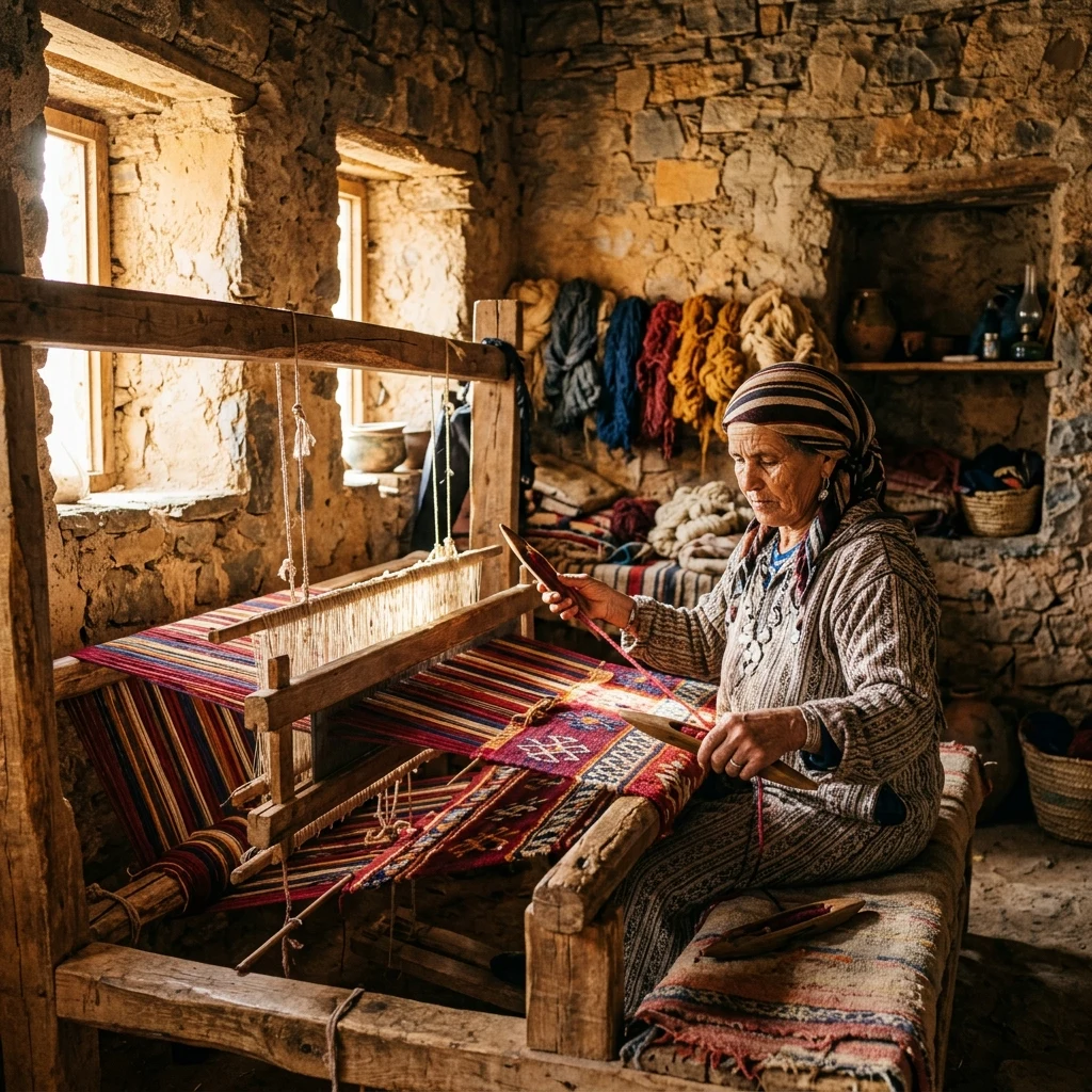 A local weaver in an Atlas Mountain village pulling bright dyed wool threads on a wooden…