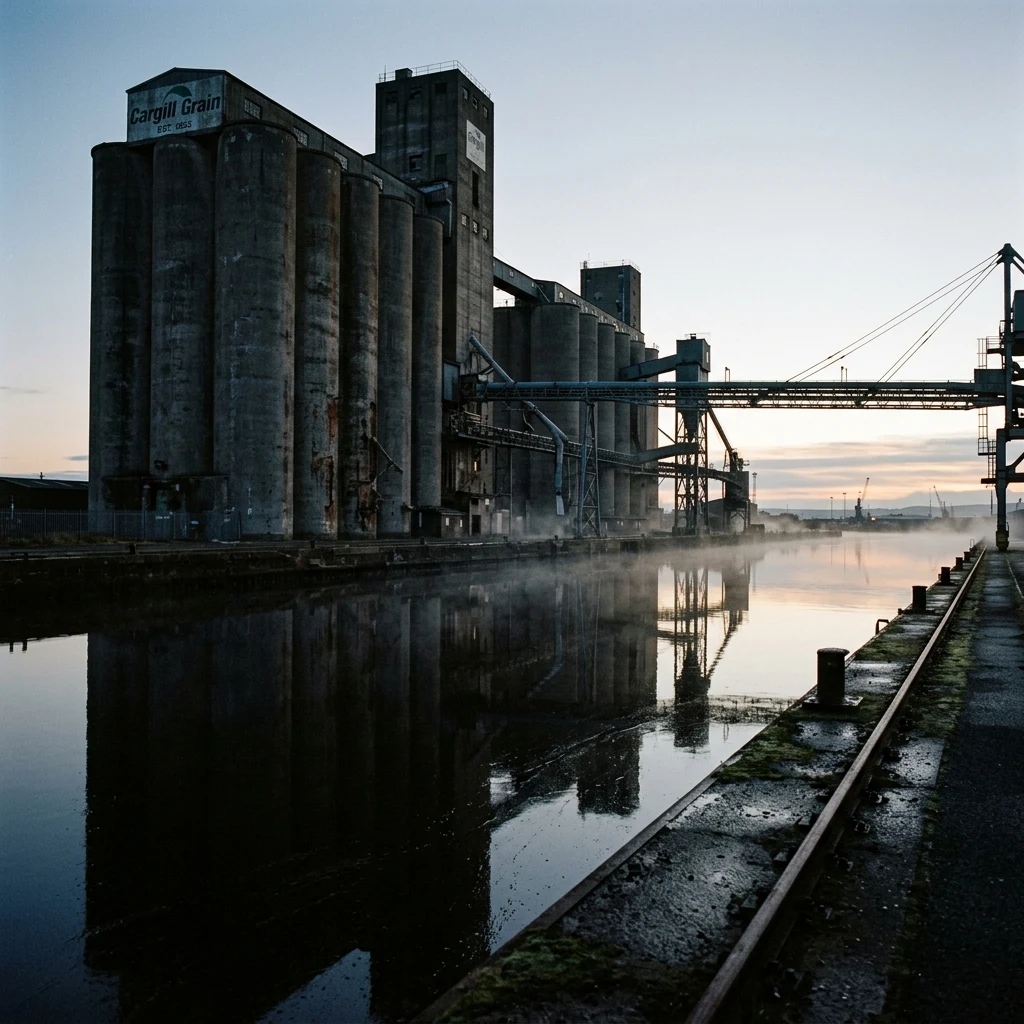 A towering grain elevator complex along a shipping canal at dawn