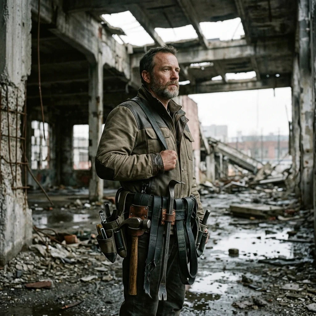 A survivor wearing a heavy tool belt crafted entirely from thick rubber serpentine belts…