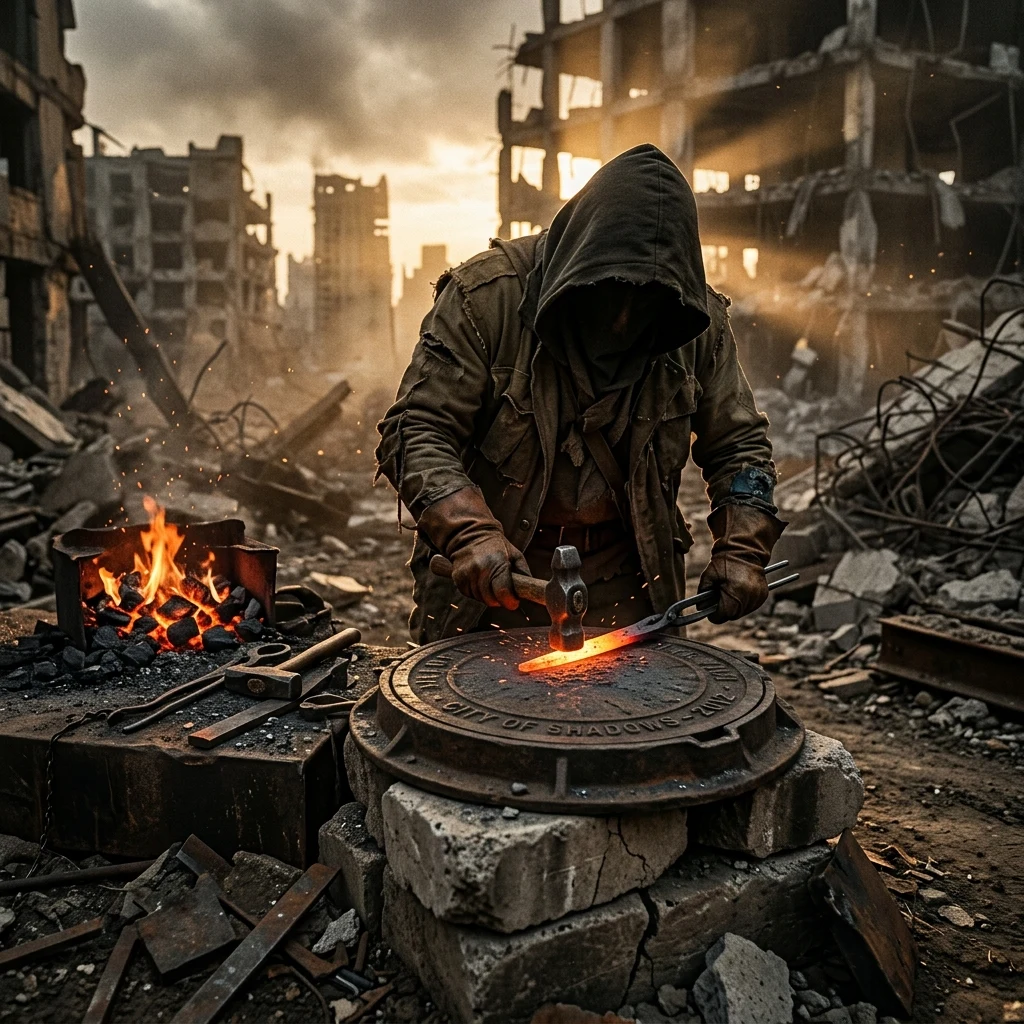 A survivor using a heavy iron manhole cover as an anvil