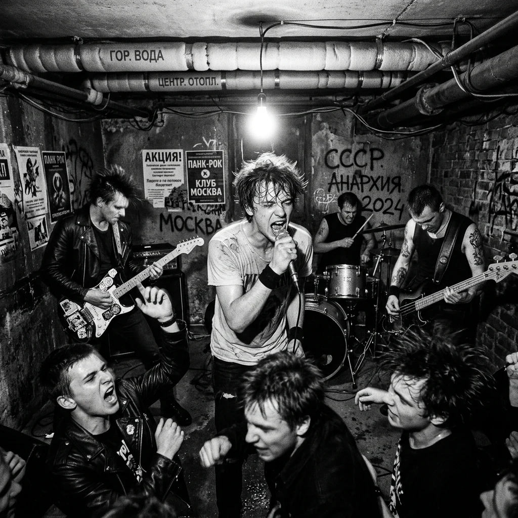 Band performing in a dimly lit basement