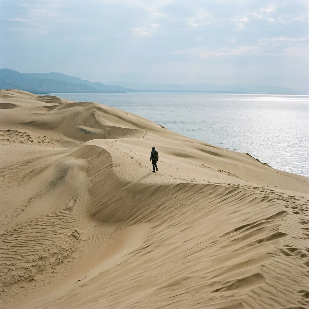A solitary walker on the endless wind-scoured dunes of Chitimba on Lake Malawi