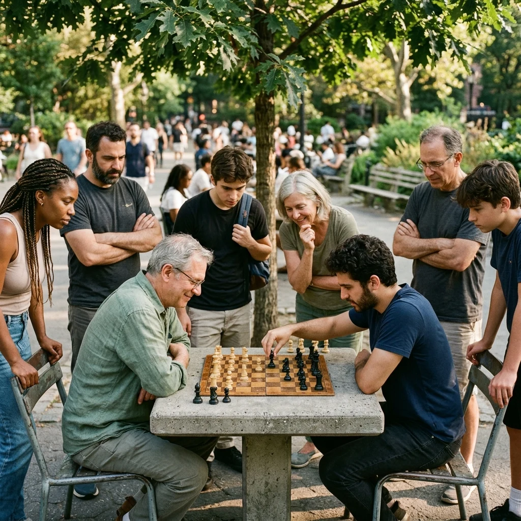 A park chess table mid-game