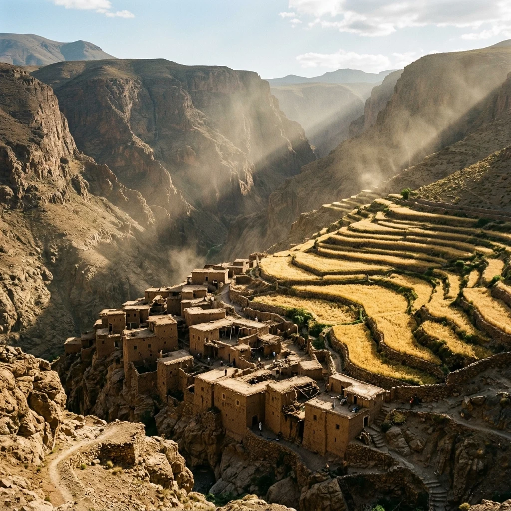 A remote mud-brick village clinging to a steep granite canyon in the Hindu Kush