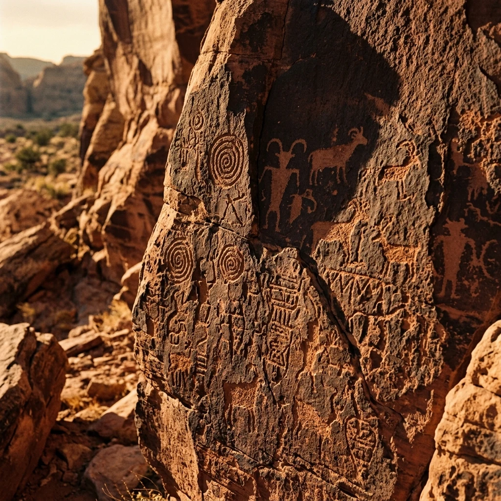 Ancient carvings on a red sandstone canyon wall