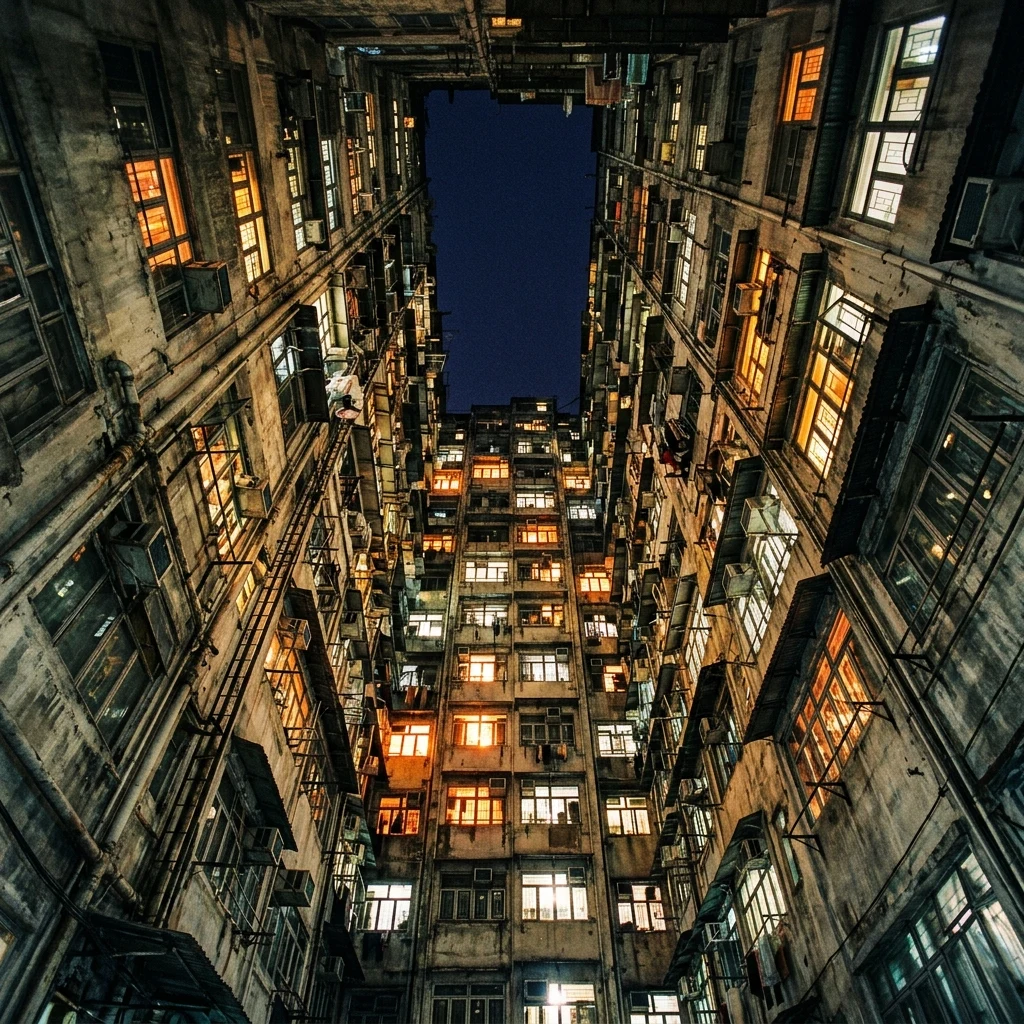 A night shot looking straight up a dark lightwell in Kowloon Walled City