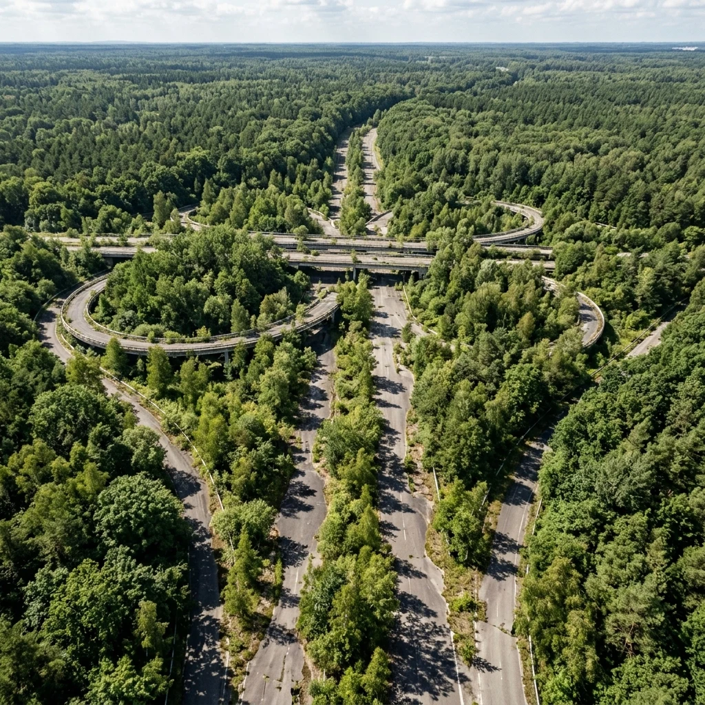 A drone photograph of a highway interchange gone to forest