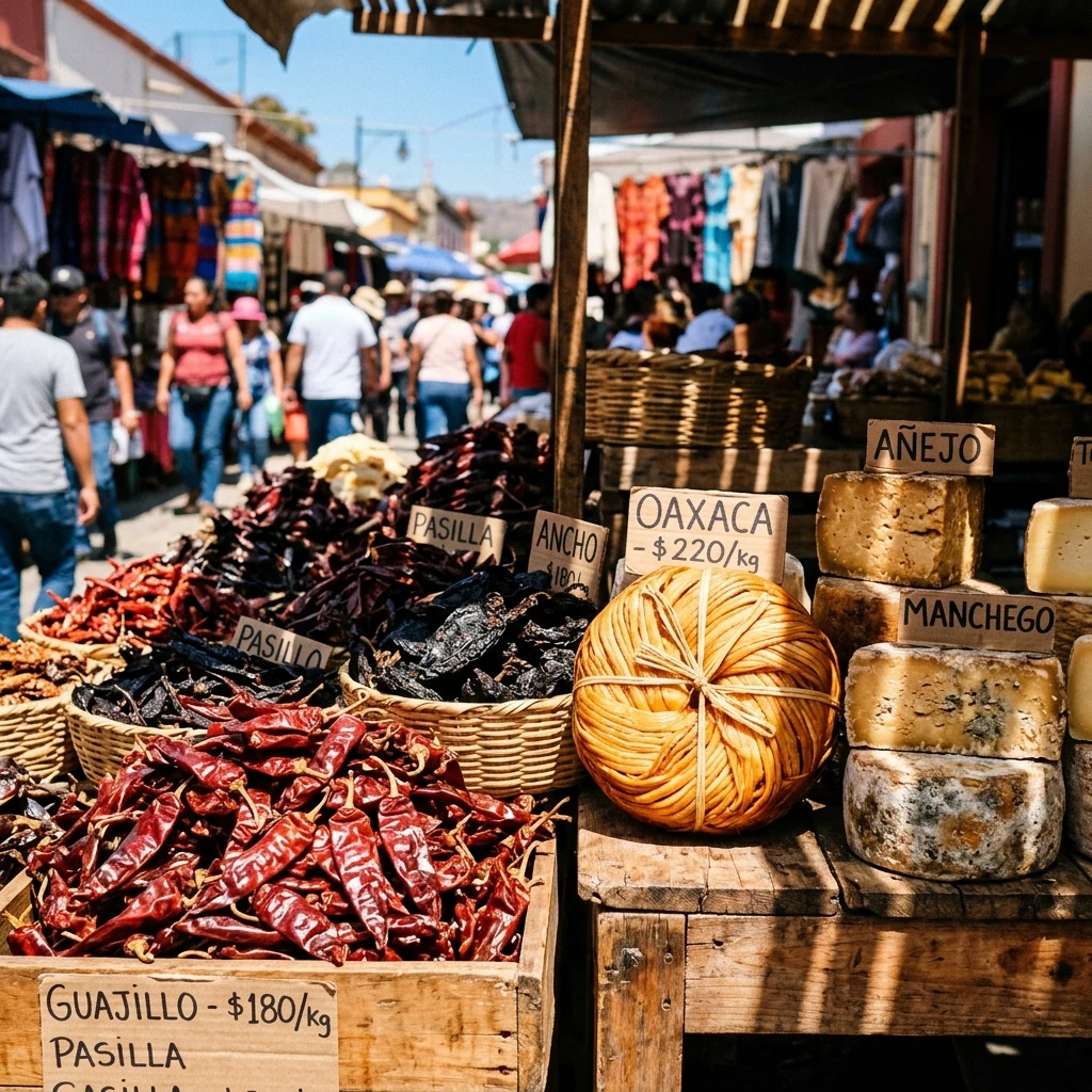 Dried peppers and cheese at a market