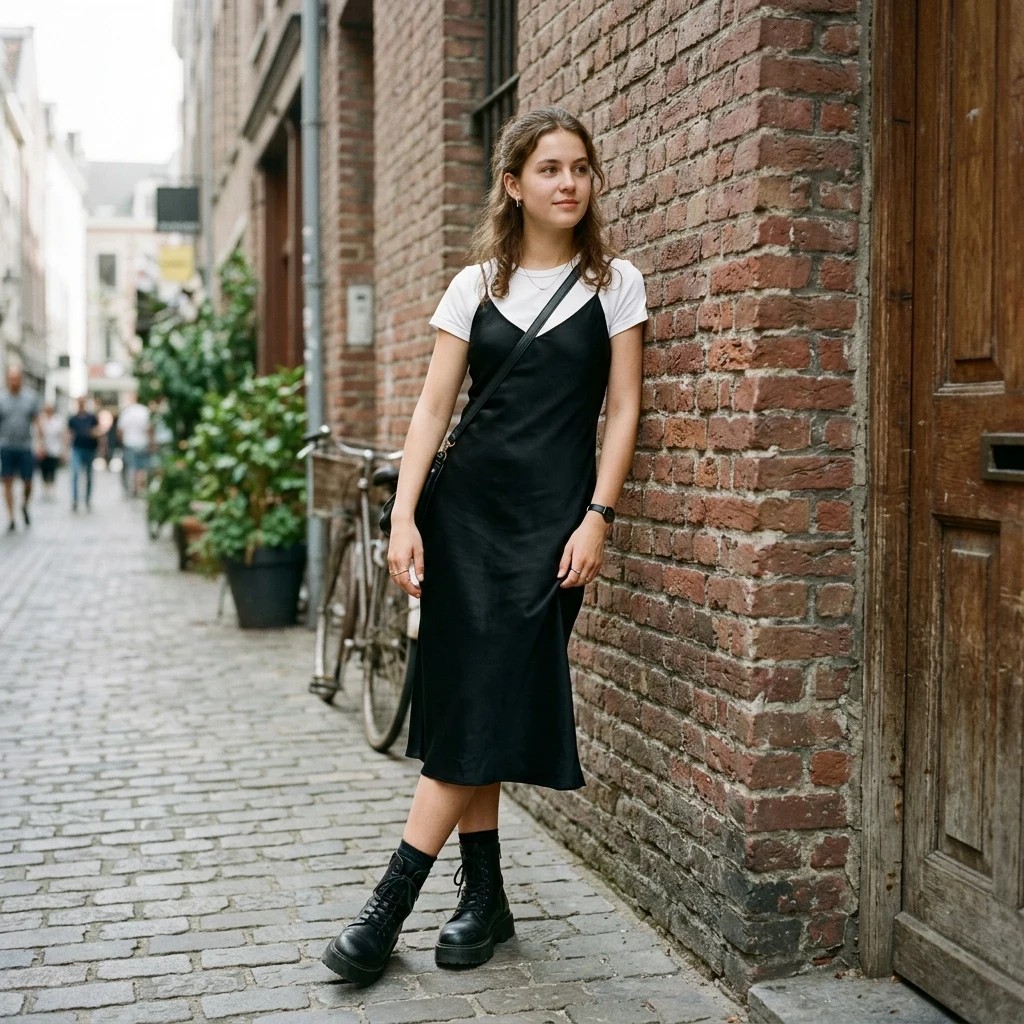 A minimalist 1990s black silk bias-cut slip dress over a white baby tee