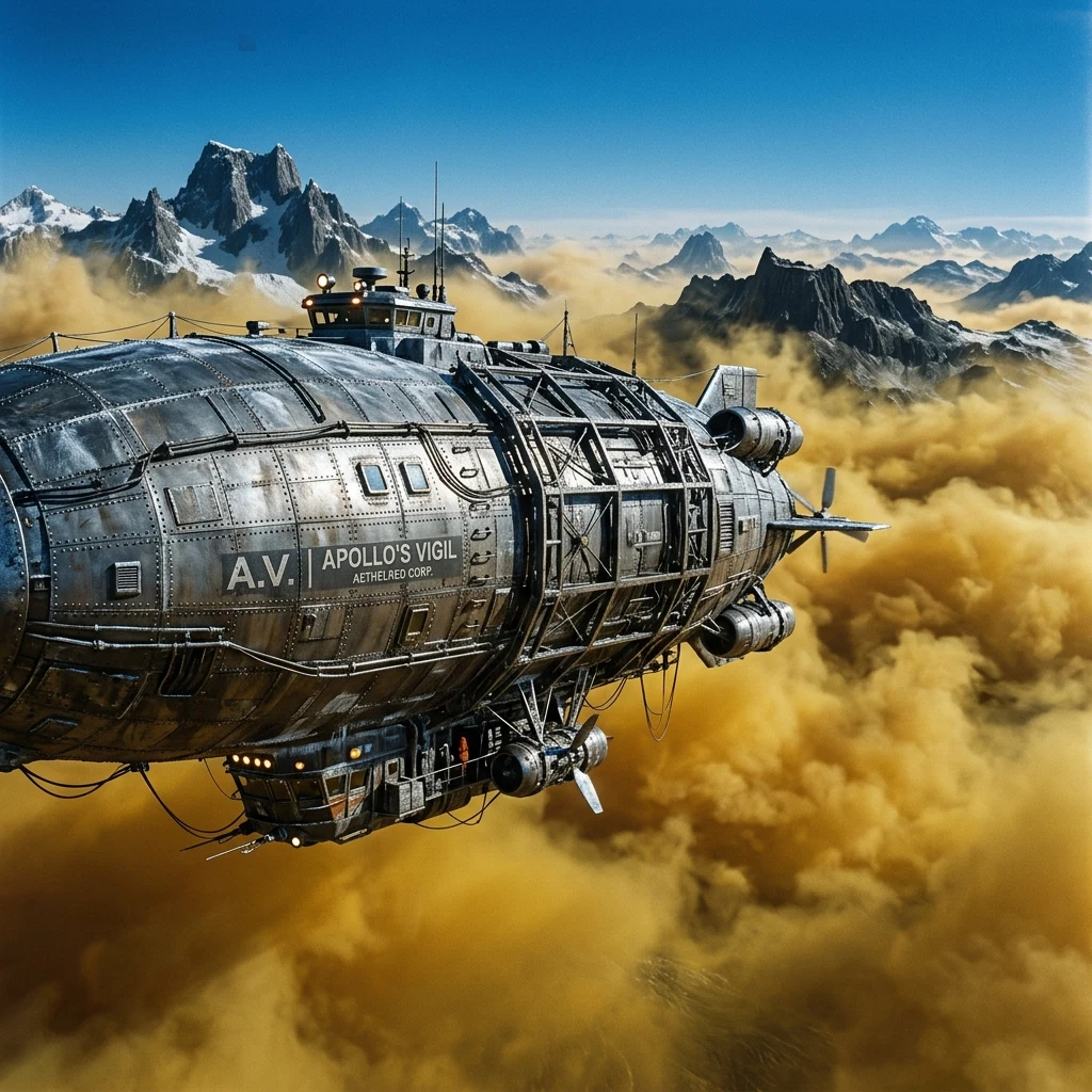 A futuristic atmospheric airship floating above the dense yellow smog of Venus
