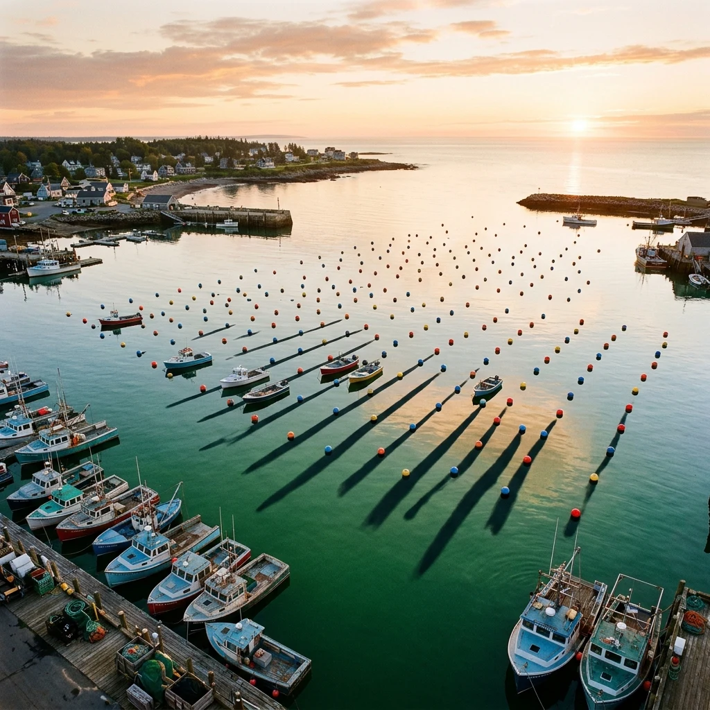 An overhead drone shot of a tranquil fishing harbor at sunrise