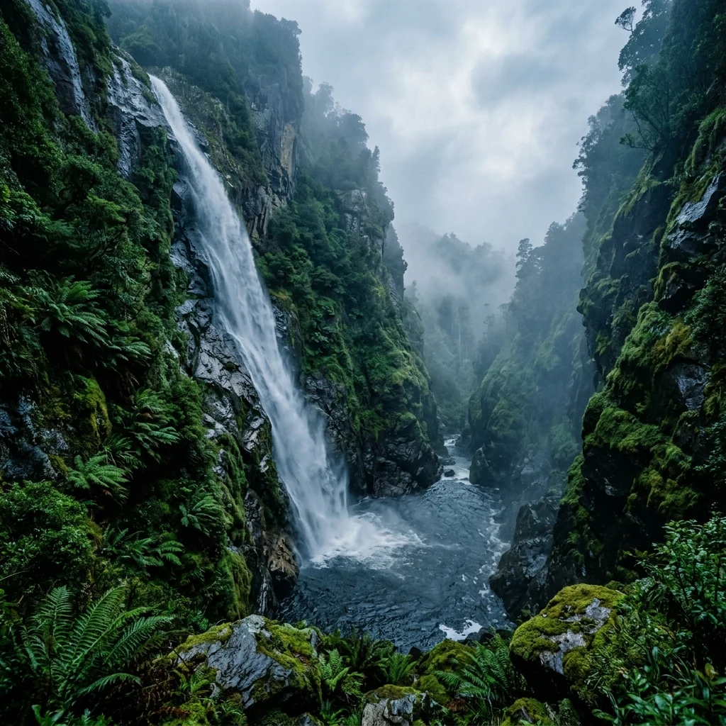 A misty morning waterfall plunging hundreds of feet down a dark