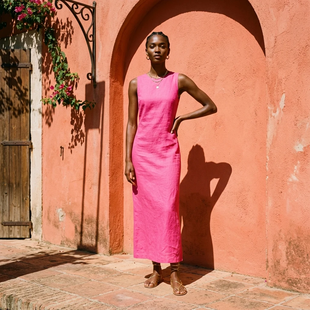 Elegant dress against a coral wall
