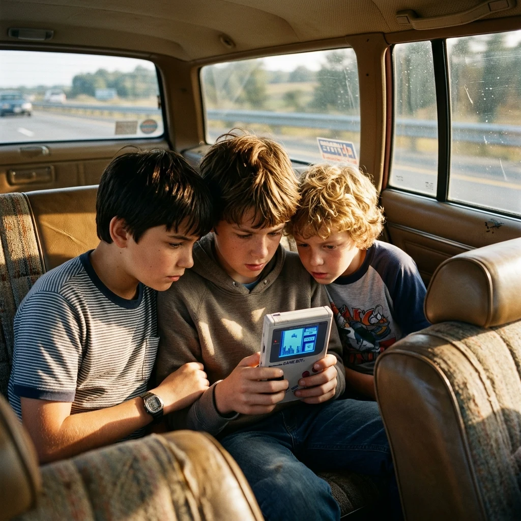 Three brothers in their early teens huddled around a handheld gaming console on the back…