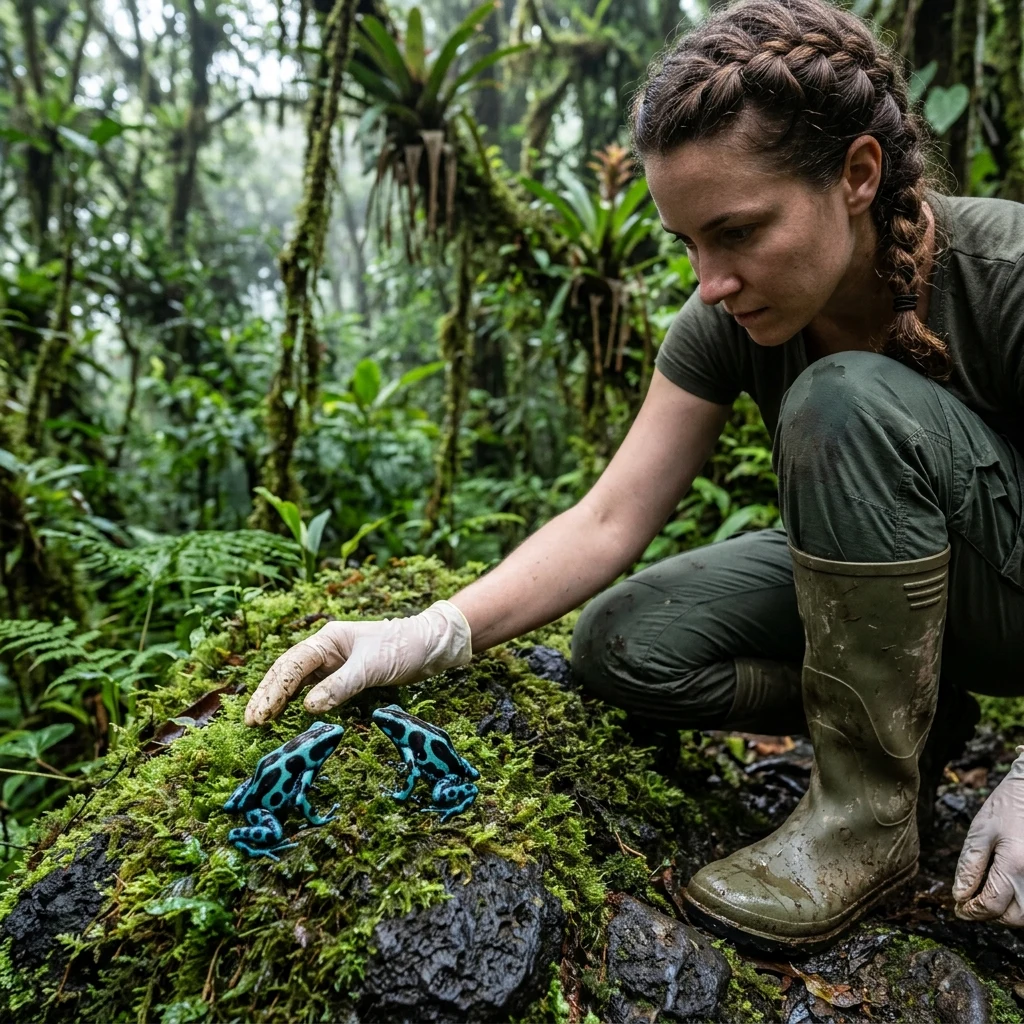 A scientist in rubber boots inspecting bright poison dart frogs on mossy rocks deep…