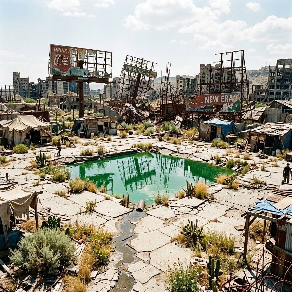 An overgrown city square turned into a desert oasis shanty market