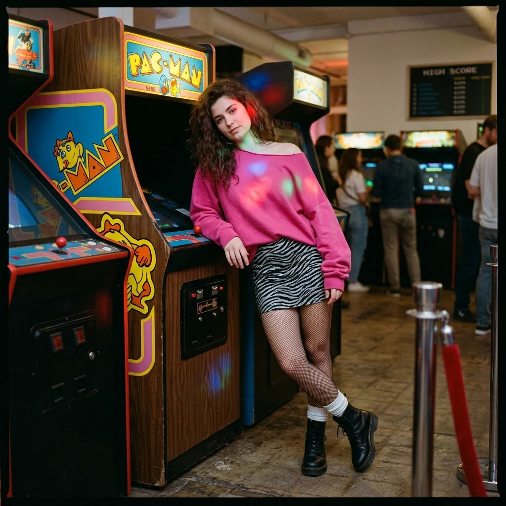 Person standing by a vintage arcade game