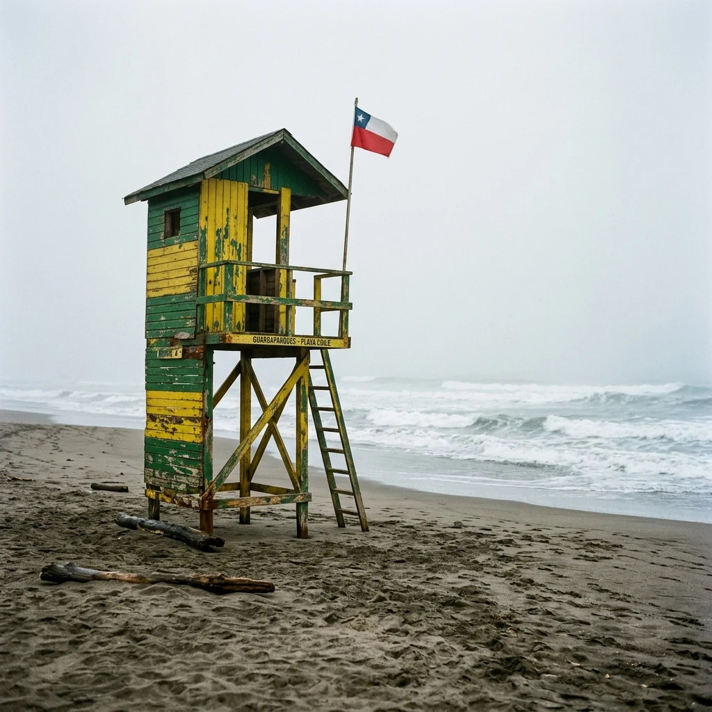 Lifeguard tower on a misty beach