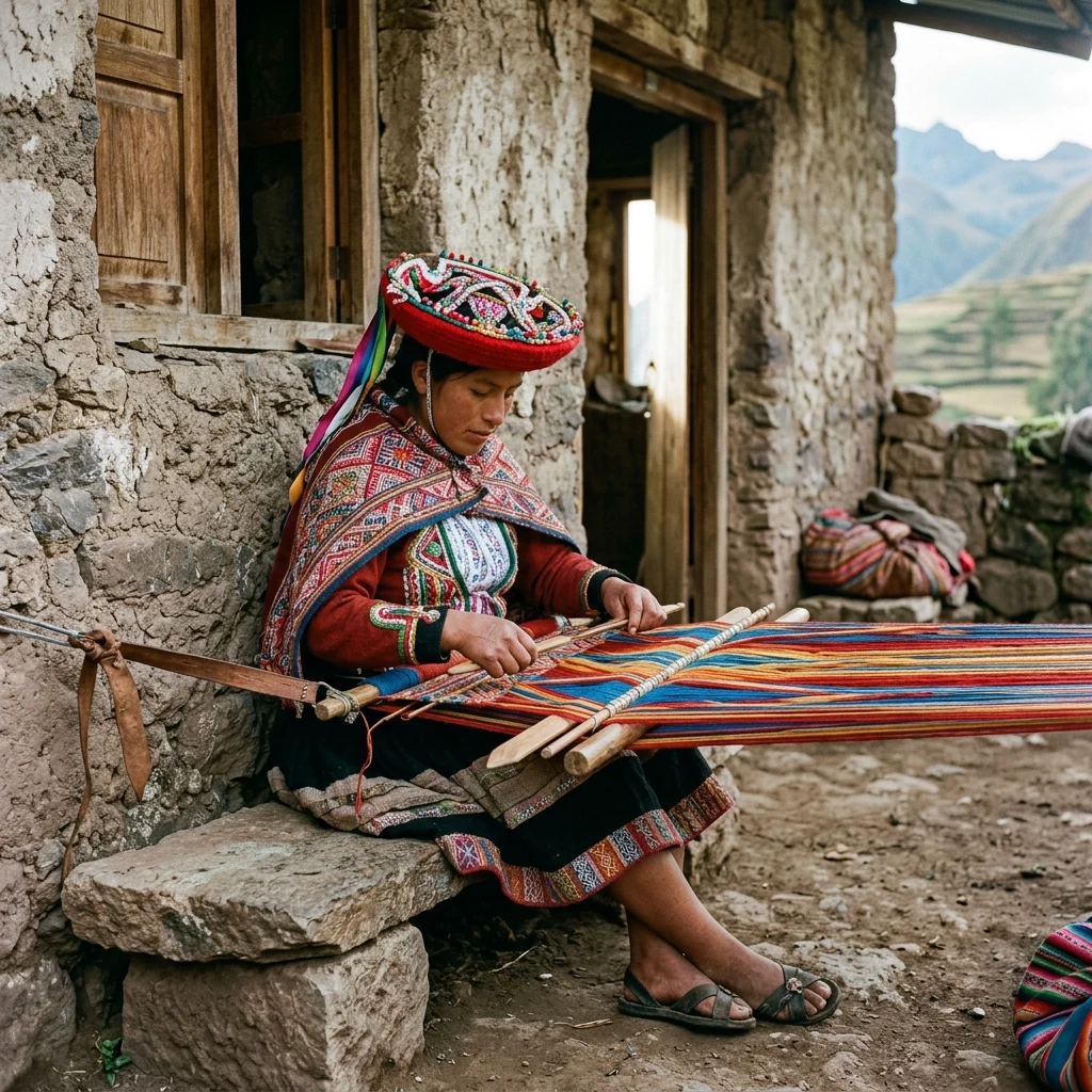 Artisan weaving colorful yarn on a loom